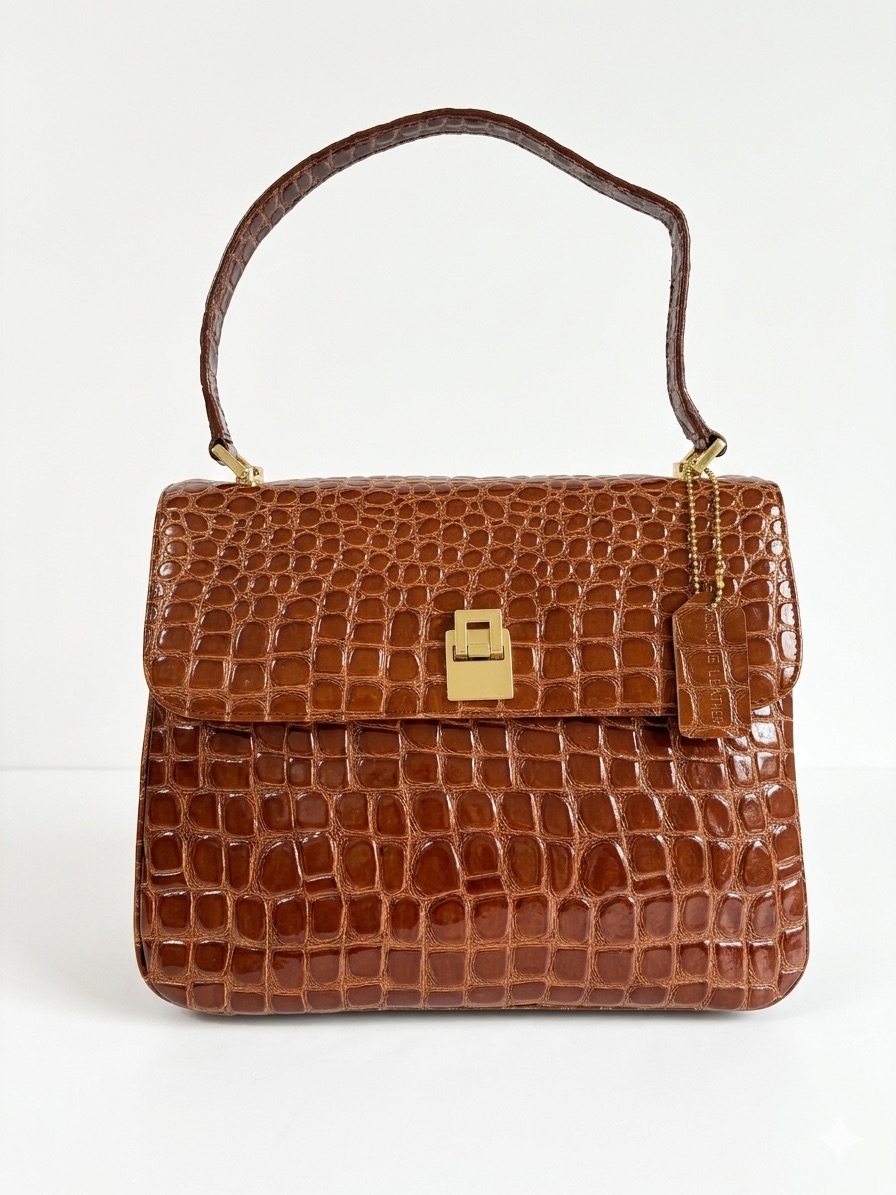 Vntg Lord & Taylor Croc Embossed Leather Shoulder Bag Retro Brown Corporate